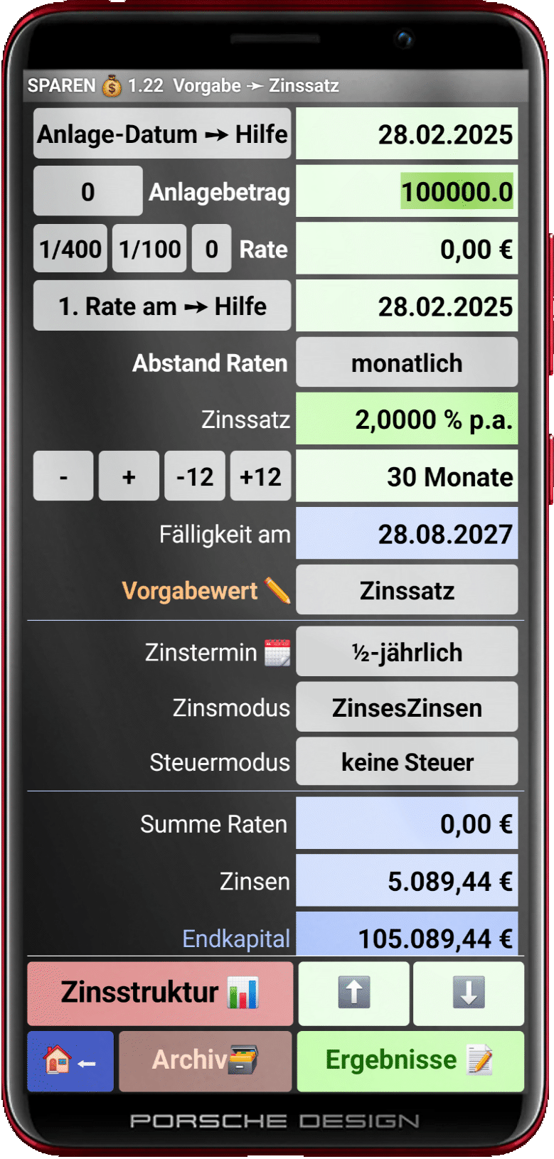 Hauptmenü der App SPAREN💰